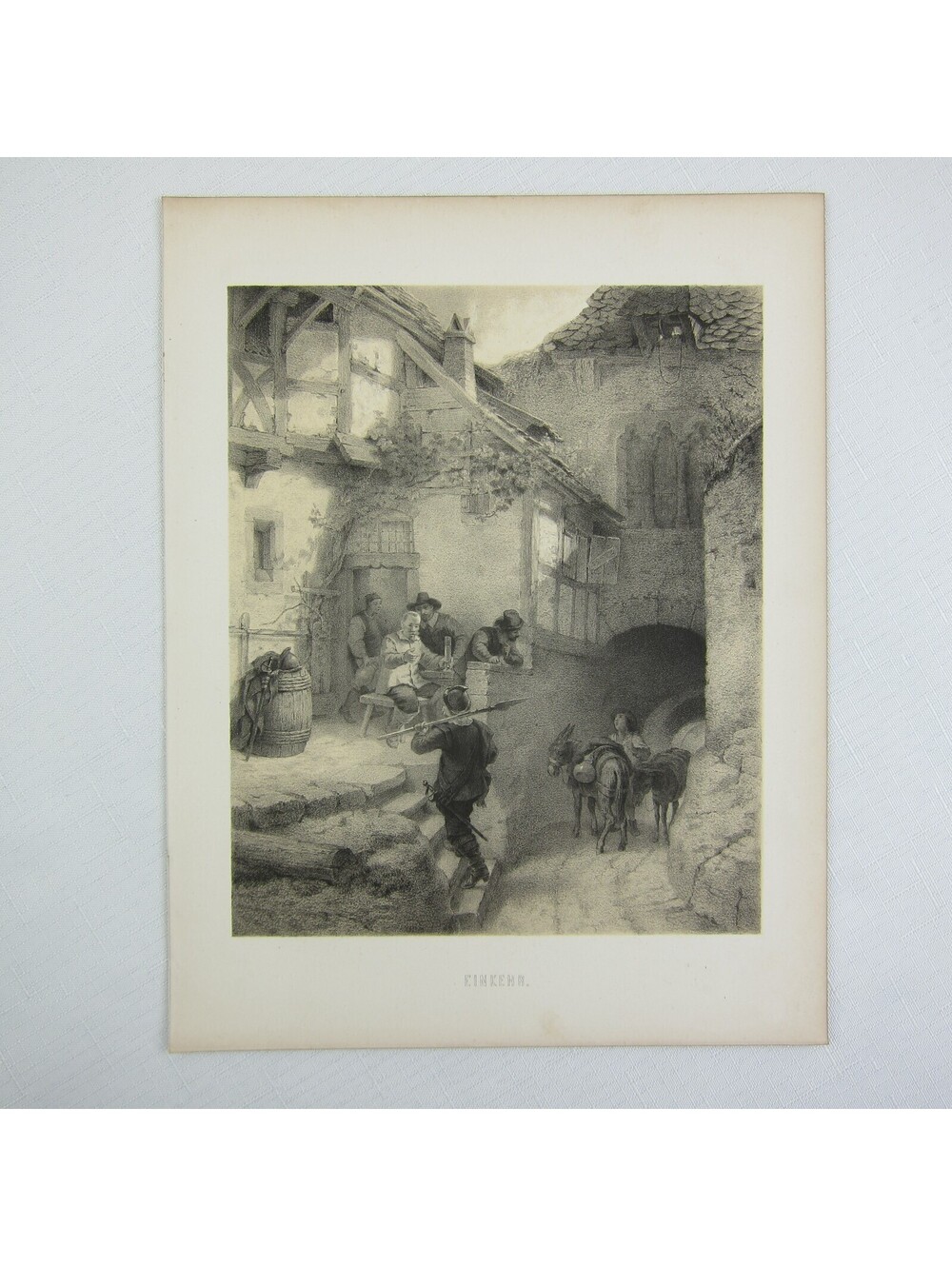 Antique 1800s Lithograph Stop German Peasants Men Tavern Traveler Donkeys RARE